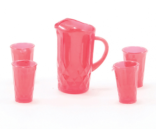 Dollhouse Miniature Pitcher W/4 Glasses, Red